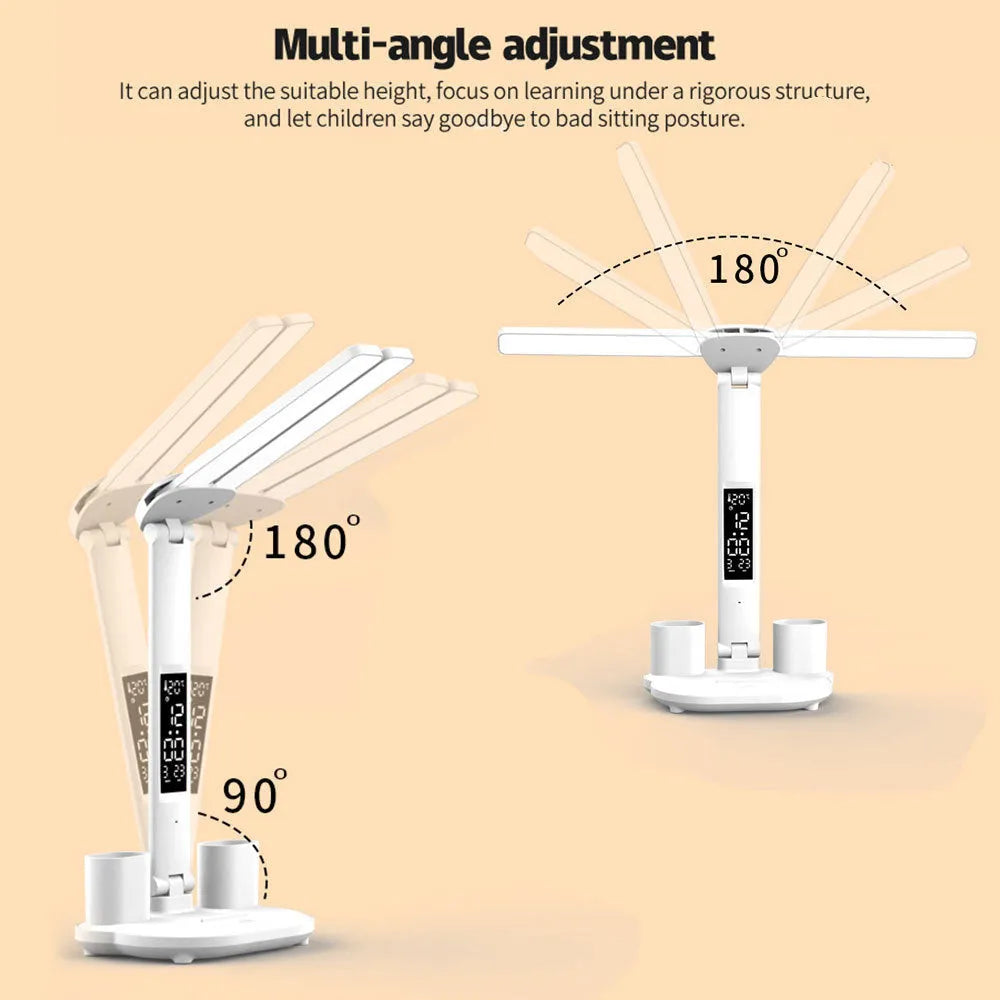 White multifunction LED desk lamp with pen holder, calendar display, and touch controls on a desk