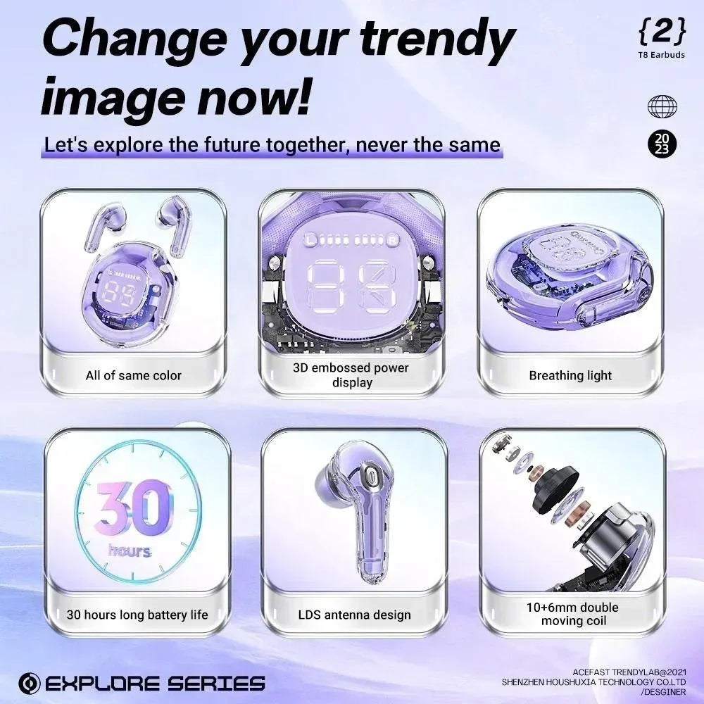 Transparent-packaged wireless Bluetooth headset in white, black, pink, sky blue, or violet, showing in-ear design.