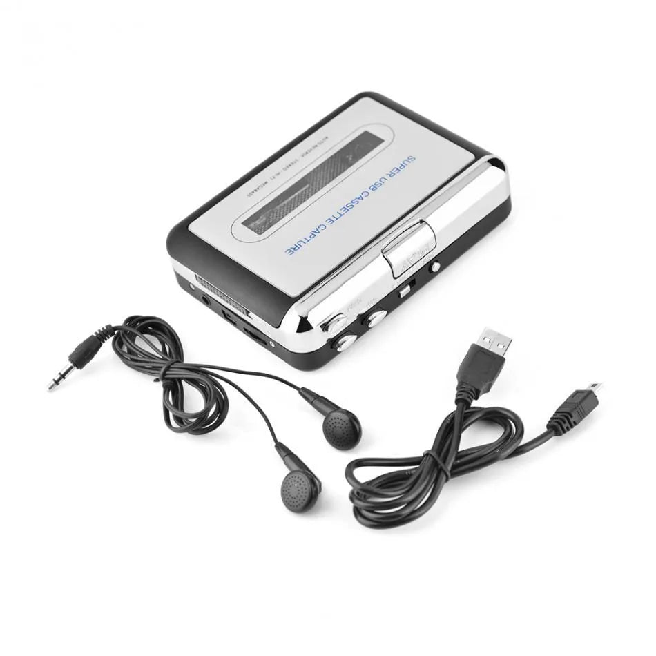 Silver USB cassette to MP3 converter player with digital display and USB cable