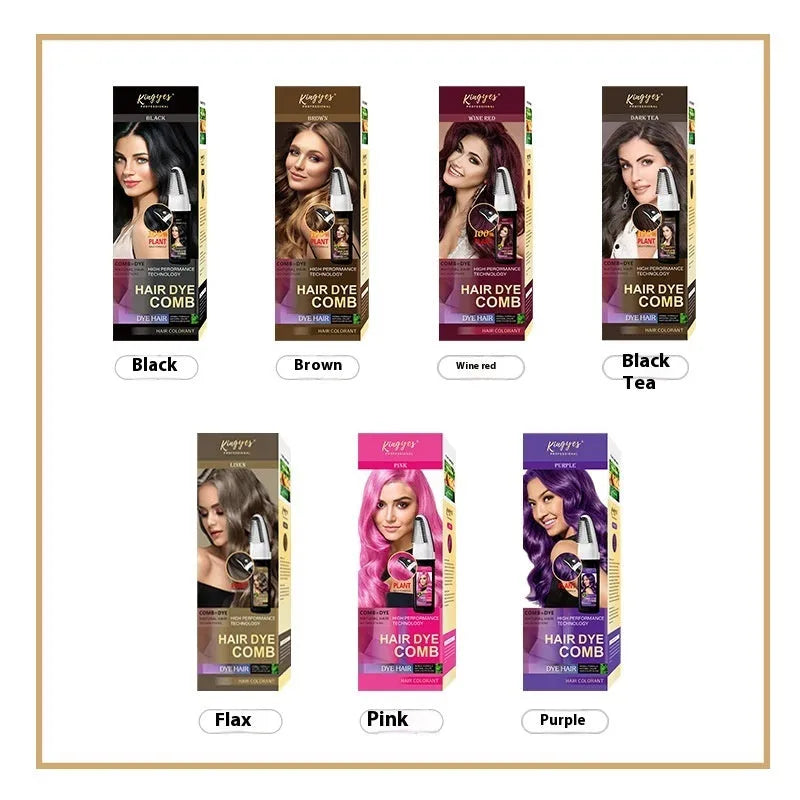Hair dye kit with comb applicator in Brown, Dark Brown, and Wine Red 200ML bottles.