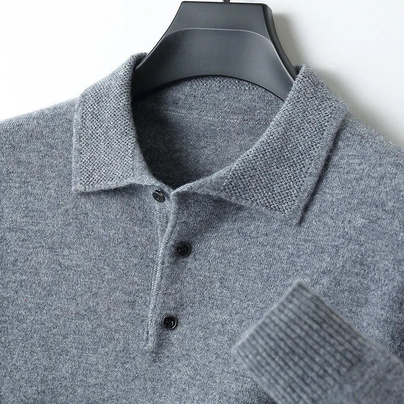 Men's wool polo collar pullover sweater in multiple colours with long sleeves