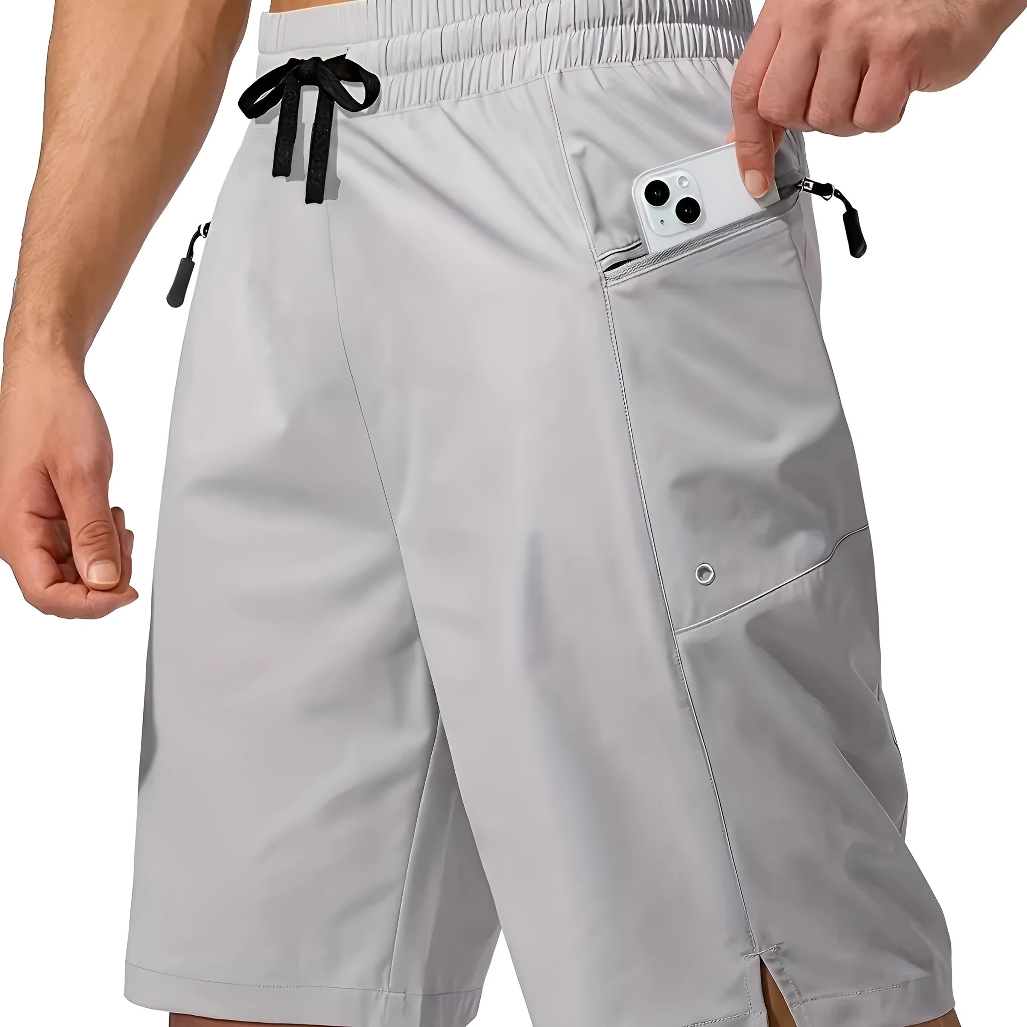 Men's quick-drying beach shorts in solid colours showing straight-leg design and polyester fabric texture
