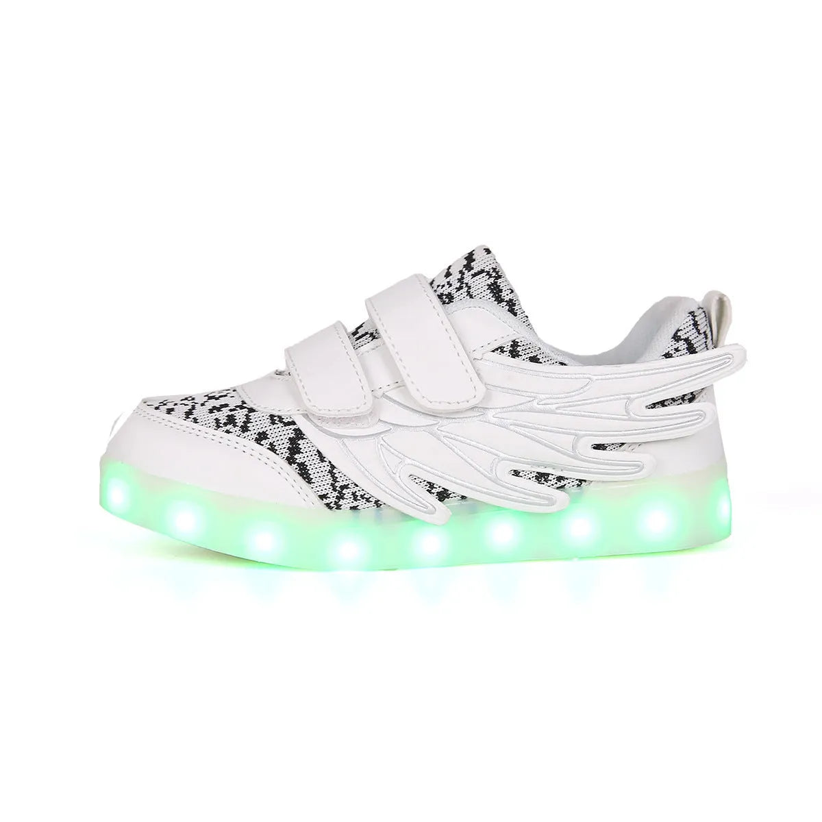 Children's plum red and white LED light-up trainers with USB charging port on the side.