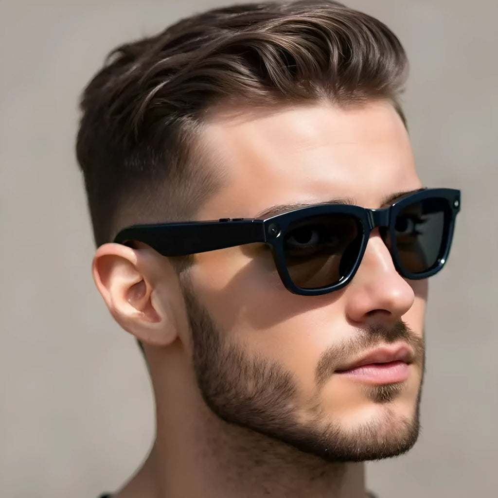 AI translation intelligent video glasses with HD camera in black and transparent lens options on a PC ABS frame.