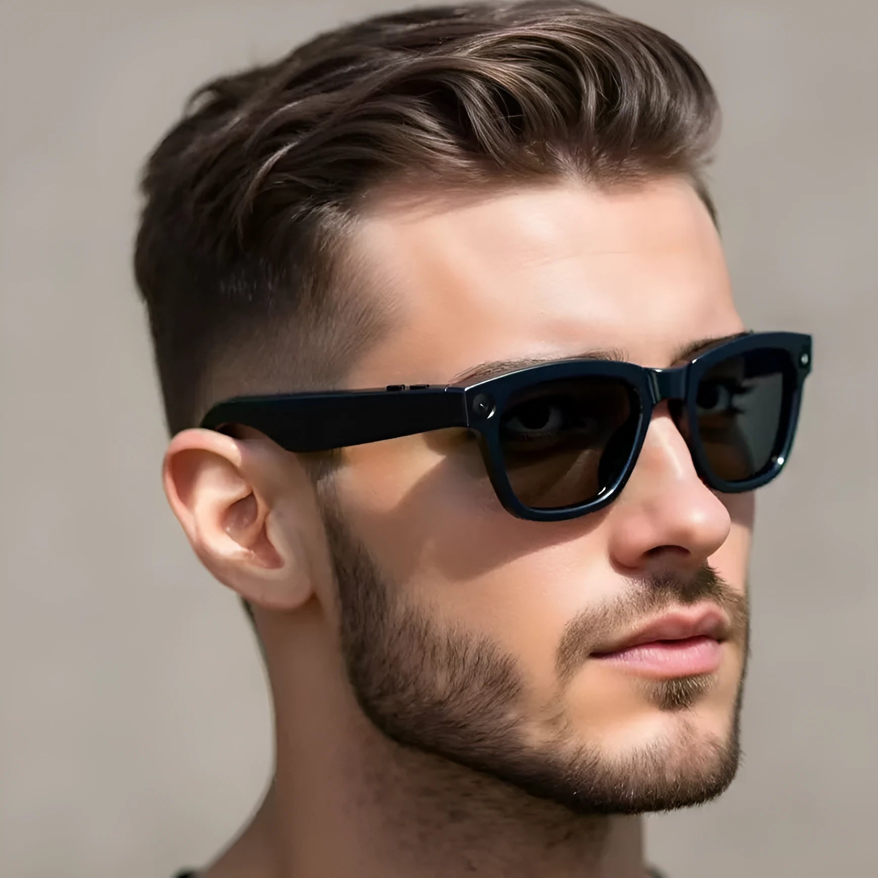 AI translation intelligent video glasses with HD camera in black and transparent lens options on a PC ABS frame.