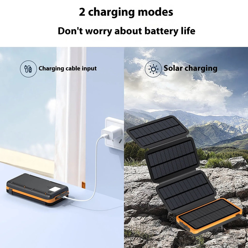25000 mAh solar power bank in plastic shell industrial style blue colour option front view