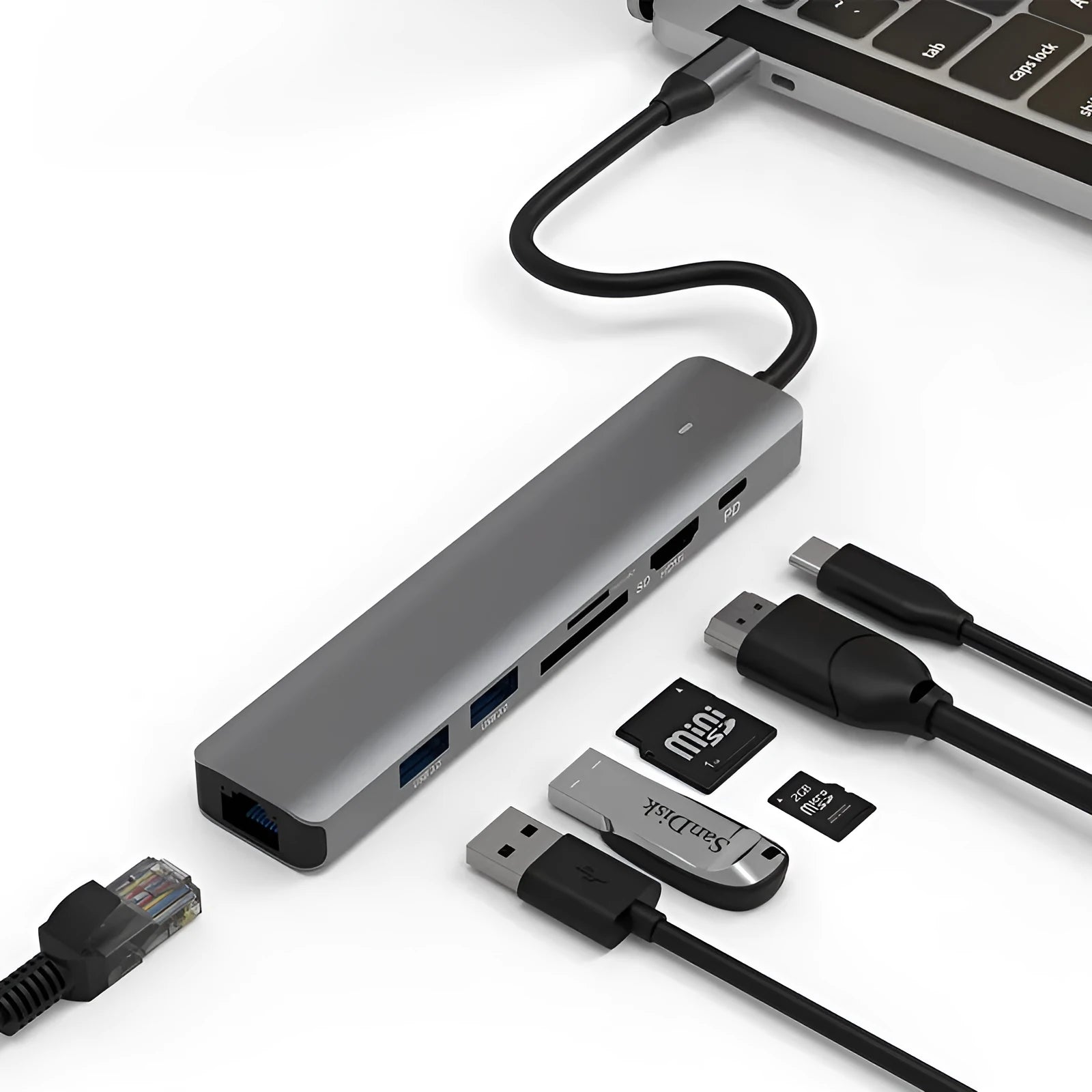Silver 7-in-1 USB-C laptop hub showing HDMI, USB-C PD, USB 3.0, and SD card ports