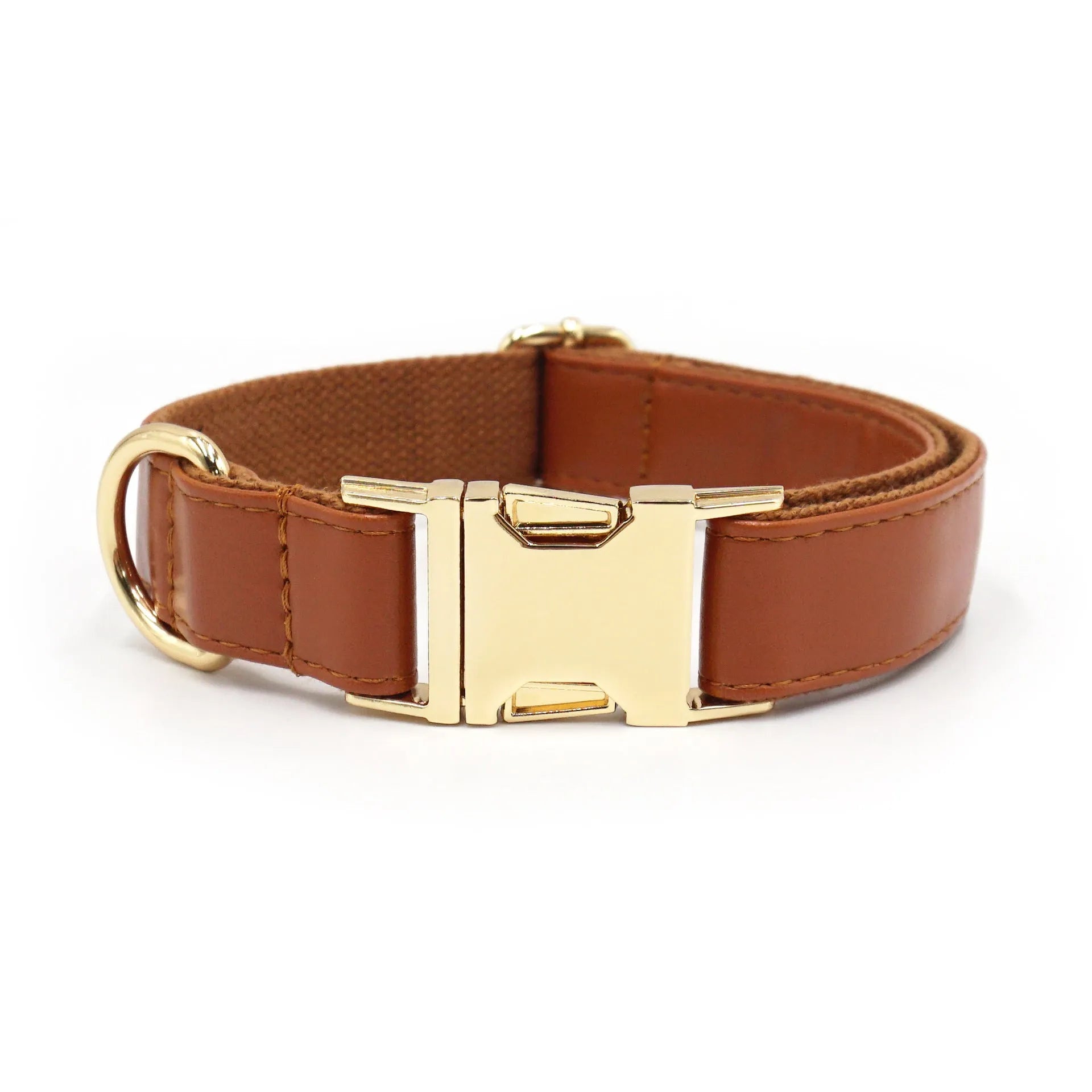 Leather dog collar with velvet finish and brass metal buckle in caramel colour option