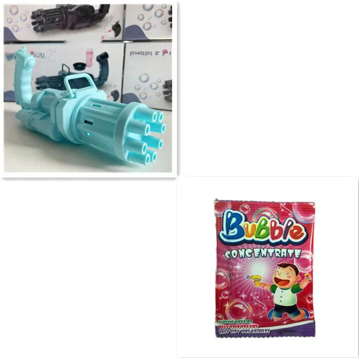 Kids pink bubble machine gun toy with leaf blower design on green grass