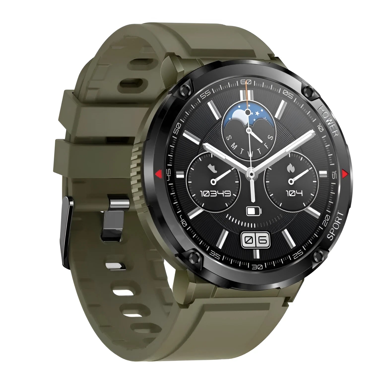 Black T30 smartwatch with a silicone strap on a wrist, displaying a health stats screen.