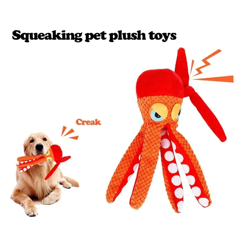 Orange octopus plush dog chew toy with tentacles for dental cleaning and hidden squeaker