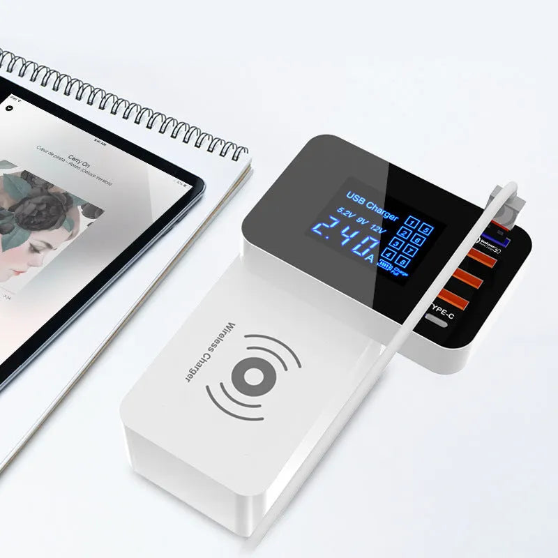White multi-port USB wall charger with wireless charging pad and UK plug on a 1.5 metre cable.
