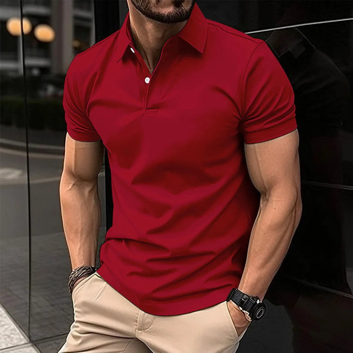 Men's solid colour cotton blend polo shirt with button lapel collar and short sleeves