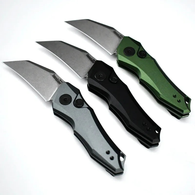 Outdoor folding knife showing black, grey, and green colour options with blade extended