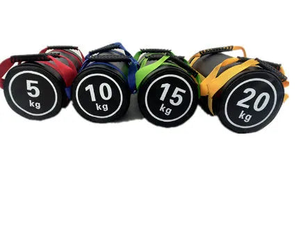 Flat white leather PVC fitness training sandbag with variable weight options from 5KG to 30KG.