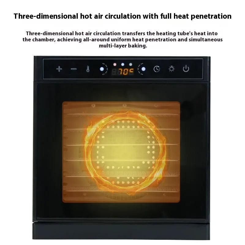 Stainless steel food dehydrator with visual skylight window, LED panel, and multiple drying trays