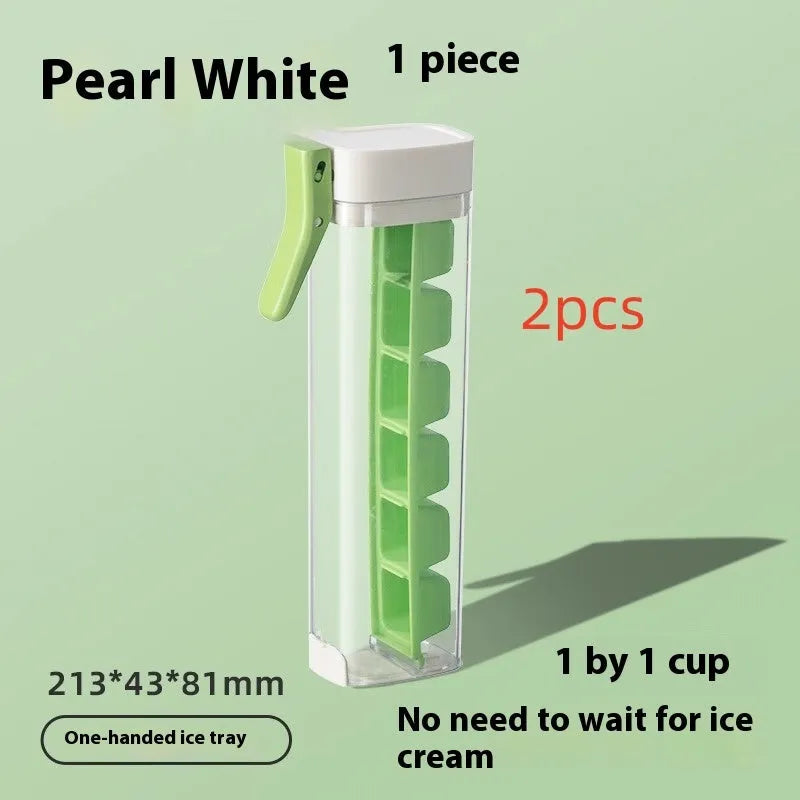 Flexible ice cube tray in Maldives colour with one-touch release and storage box on white surface