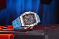 Square men's quartz calendar watch with hollowed design, stainless steel case, 42mm dial, rubber strap in black