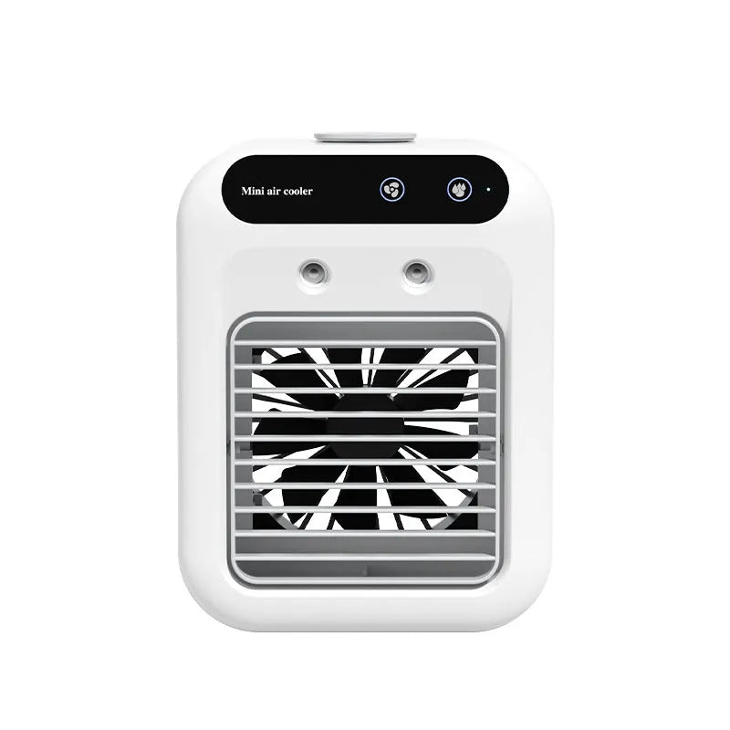 Ivory white portable air cooler with touchscreen panel and USB cable on a desk