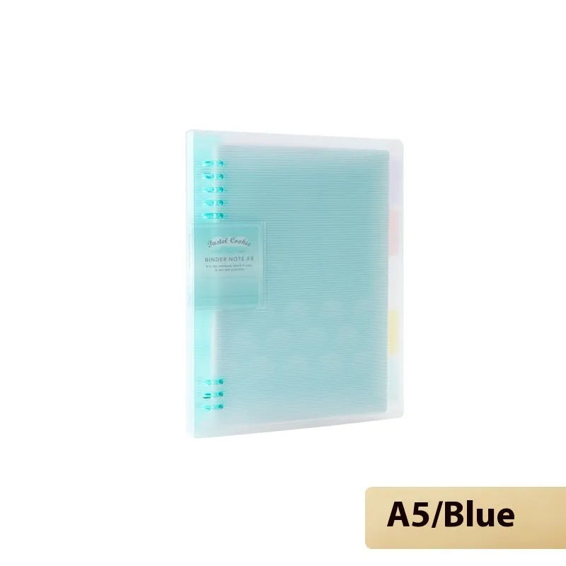 Refillable loose-leaf spiral notebook in B5 size with a pastel blue PP cover and lined pages.