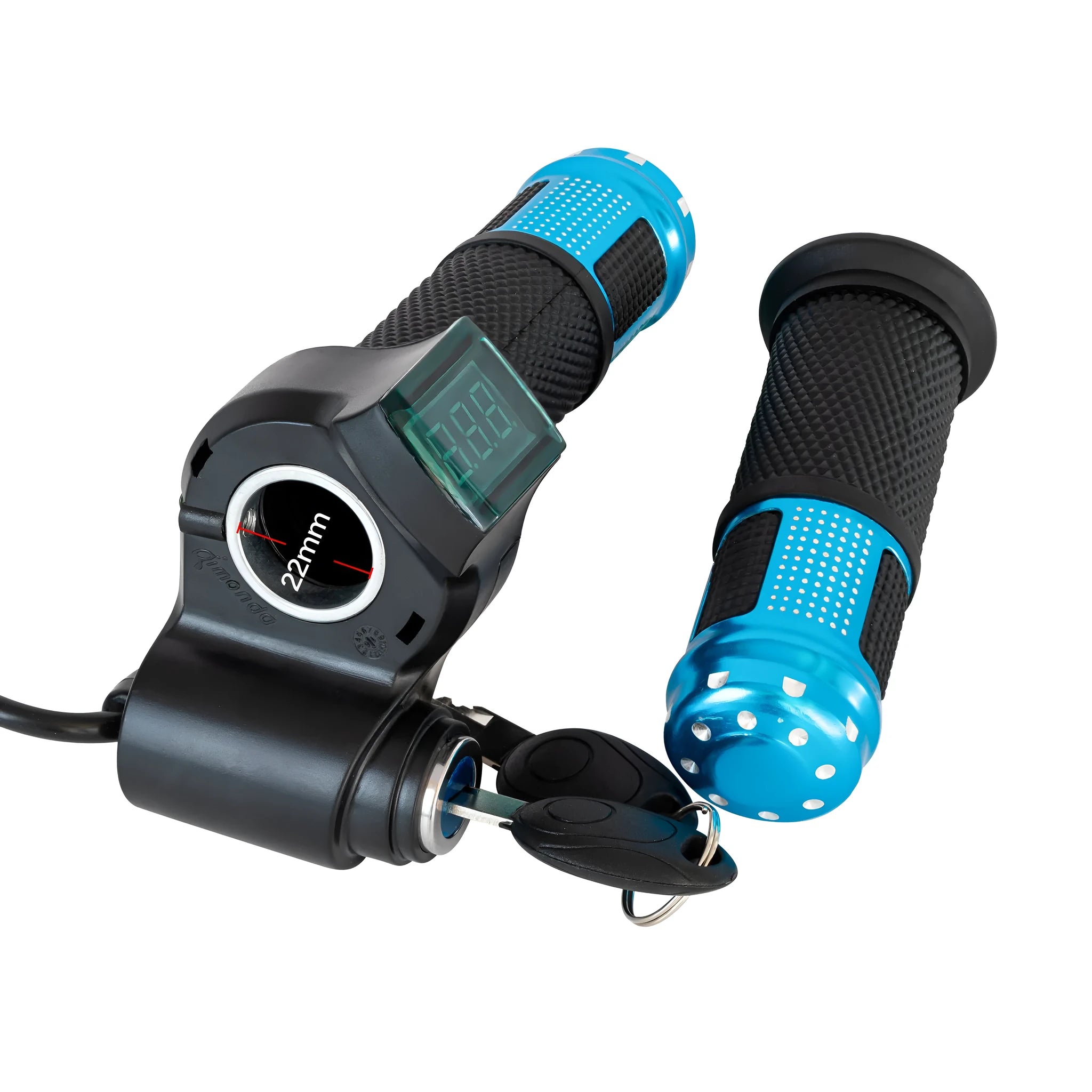 Electric vehicle handlebar grip replacement section in assorted colours showing wiring connector