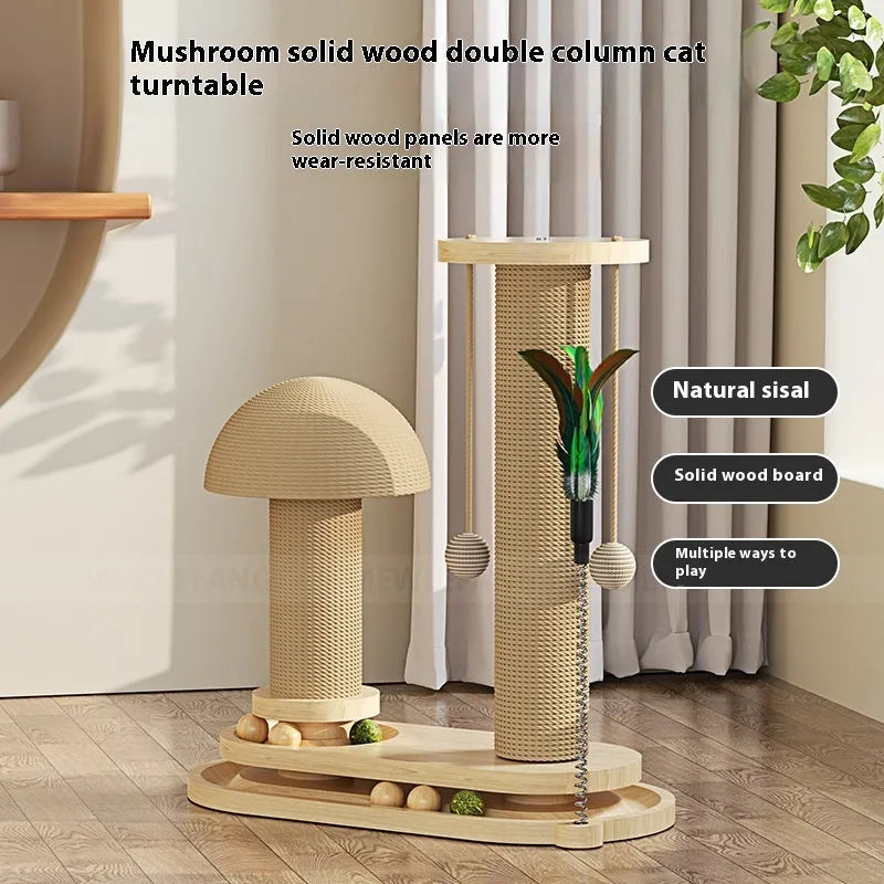 Solid wood cat scratching post with rotating turntable in multiple design options