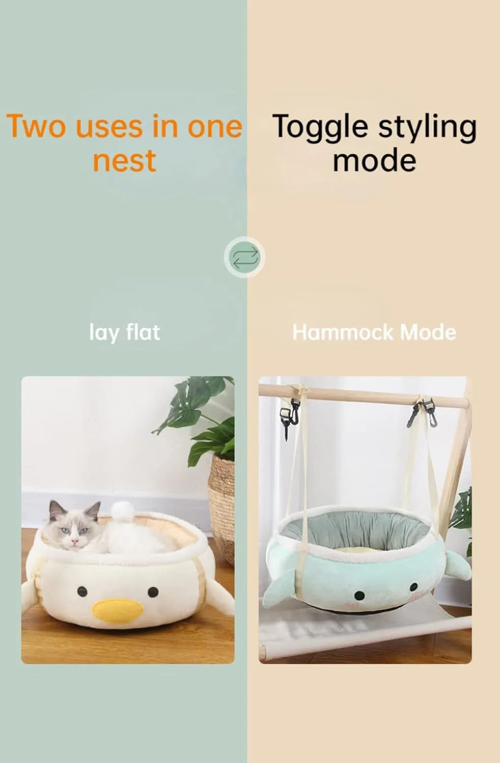 Green or yellow chick or dinosaur shaped cat bed that can be a flat sofa or a hanging hammock for small pets.