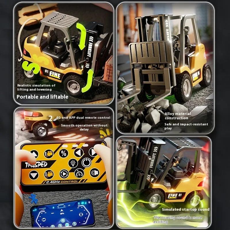 1:64 scale silver alloy remote control forklift model with accessories on a tabletop obstacle course.