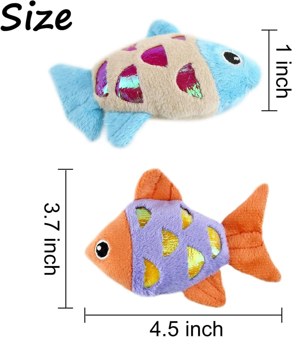 Two goldfish-shaped cat toys in blue, orange, and pink colours with soft plush exterior