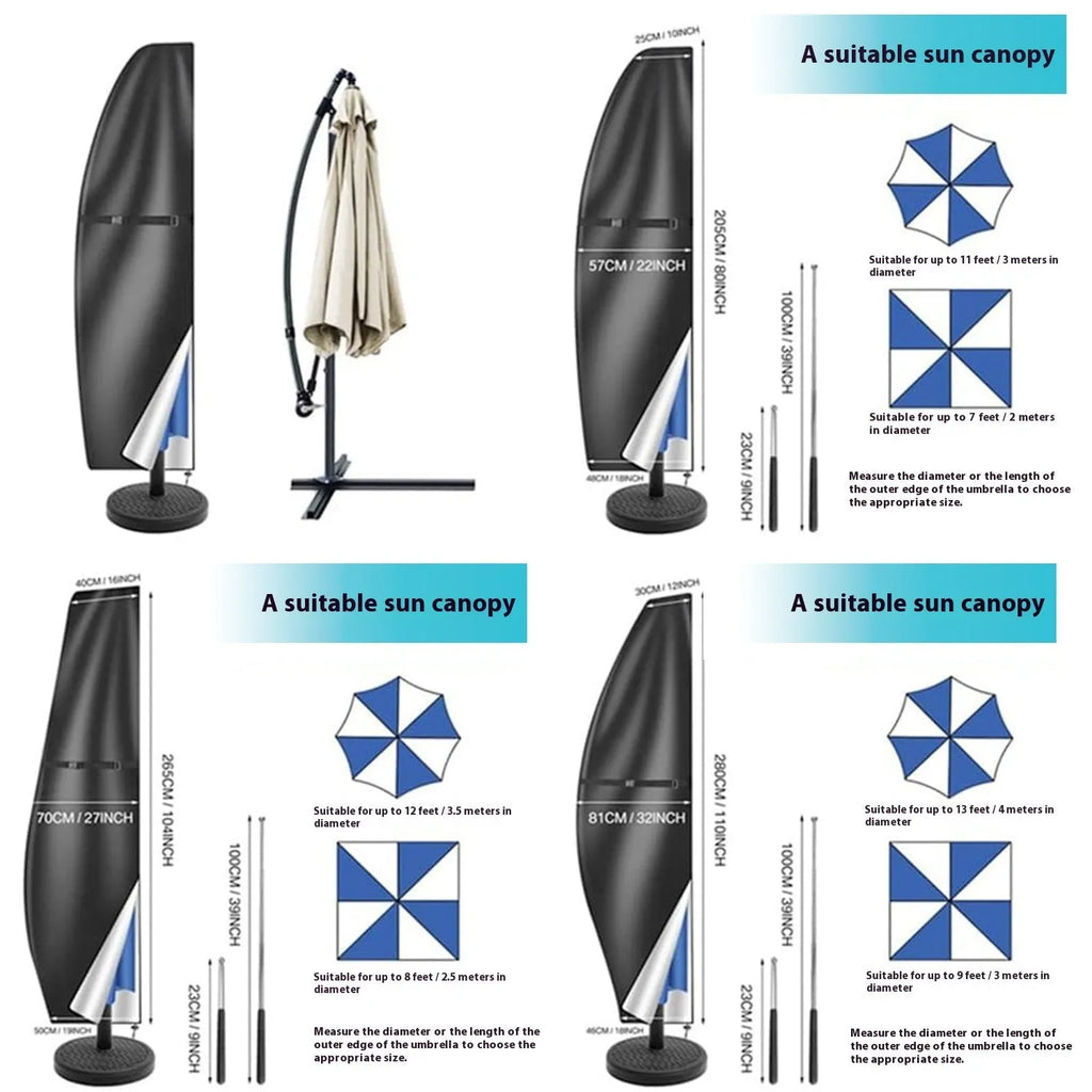 Waterproof outdoor umbrella cover in oxford cloth showing black and grey colour options
