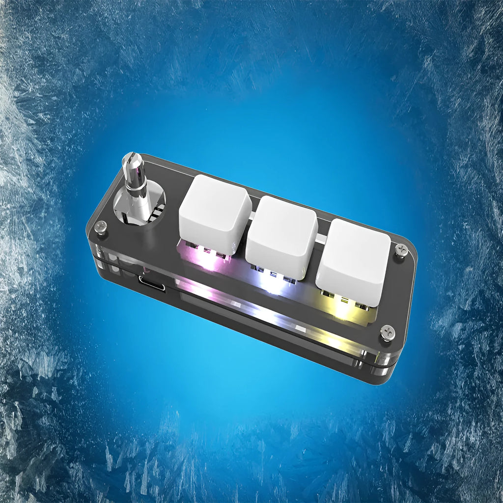 Black programmable macro keypad with RGB backlit keys and USB cable