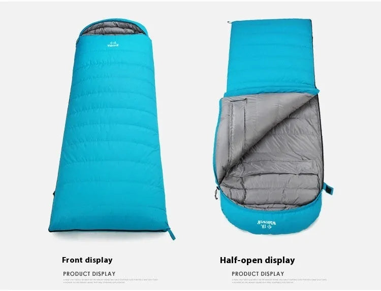 Black outdoor sleeping bag with white goose down fill and durable nylon shell.