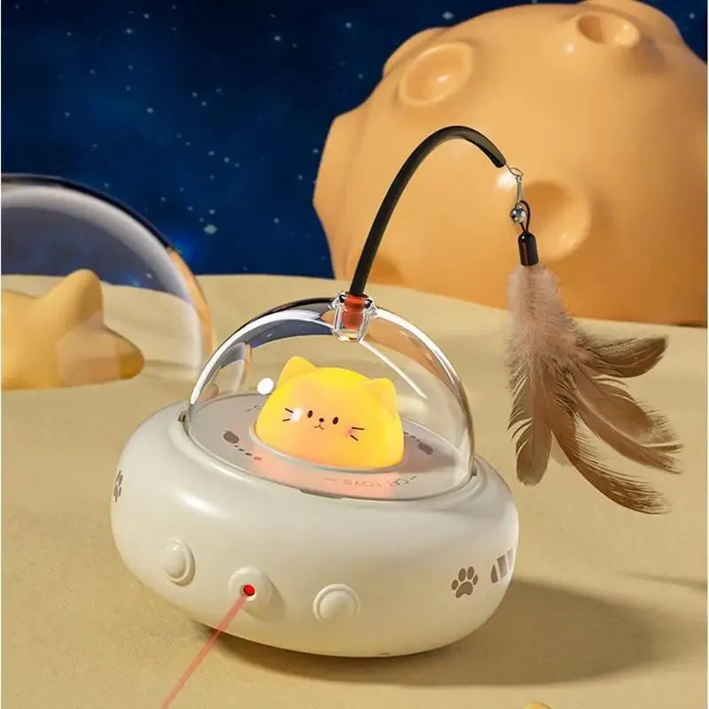 Electric interactive cat toy with feather teaser, 360 red light beam, ABS body and TPR wheels, in pink colour