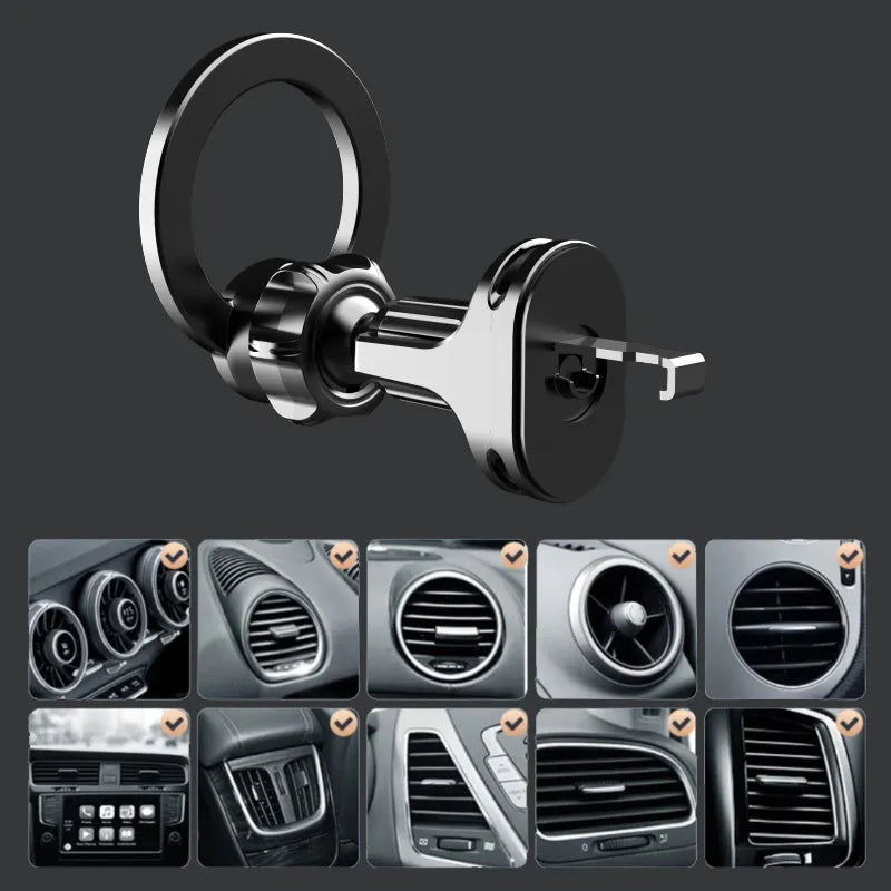 Black magnetic car air vent phone holder with O-ring bracket for mobile devices
