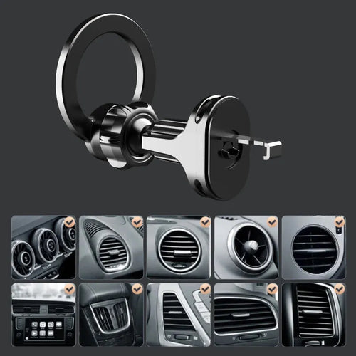 Black magnetic car air vent phone holder with O-ring bracket for mobile devices