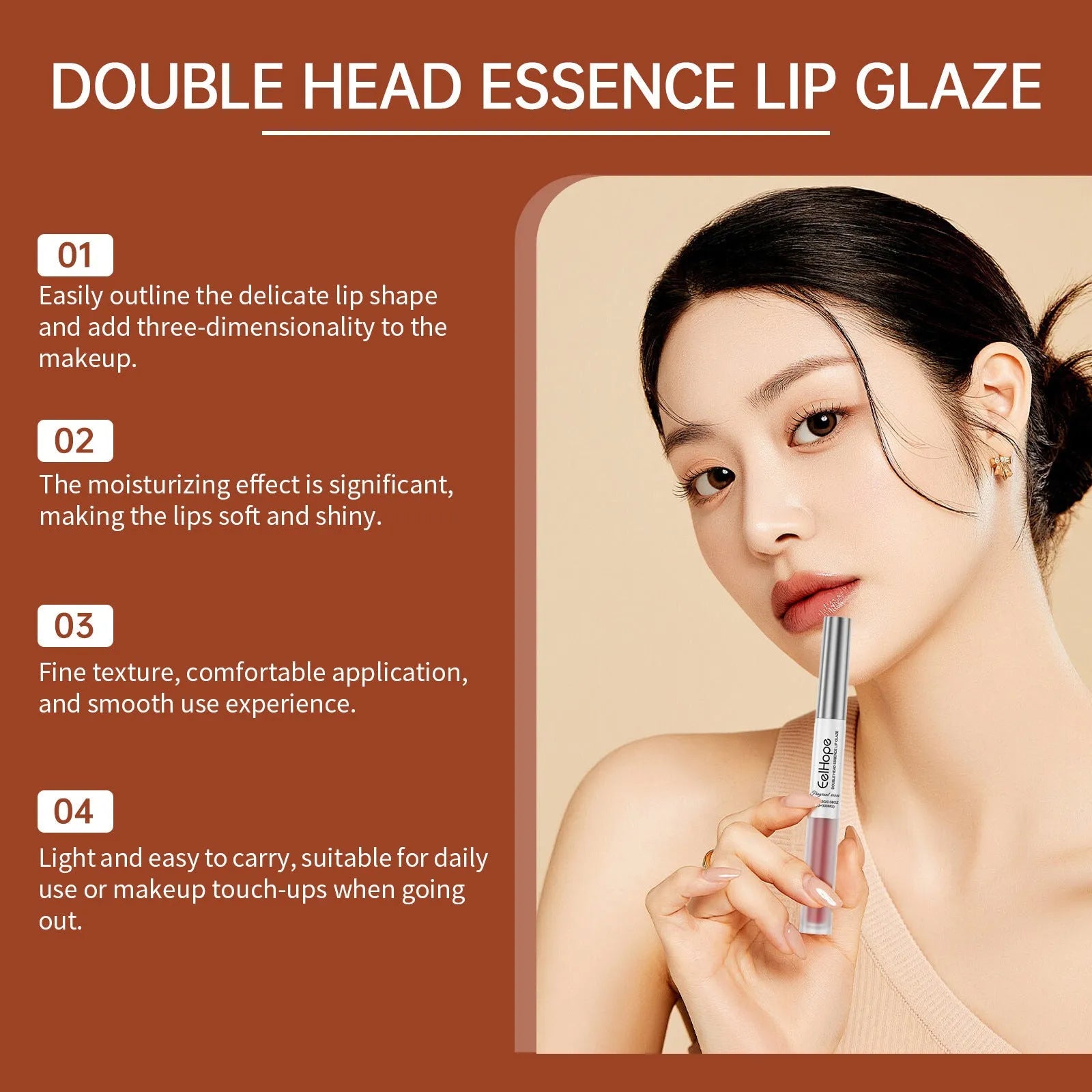 Double-headed lip liner and lacquer pen with lip gloss and a matching eyeliner pencil.