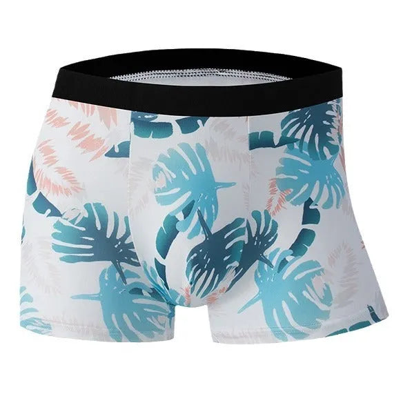 Men's printed ice silk underwear in floral pattern showing mid-waist design