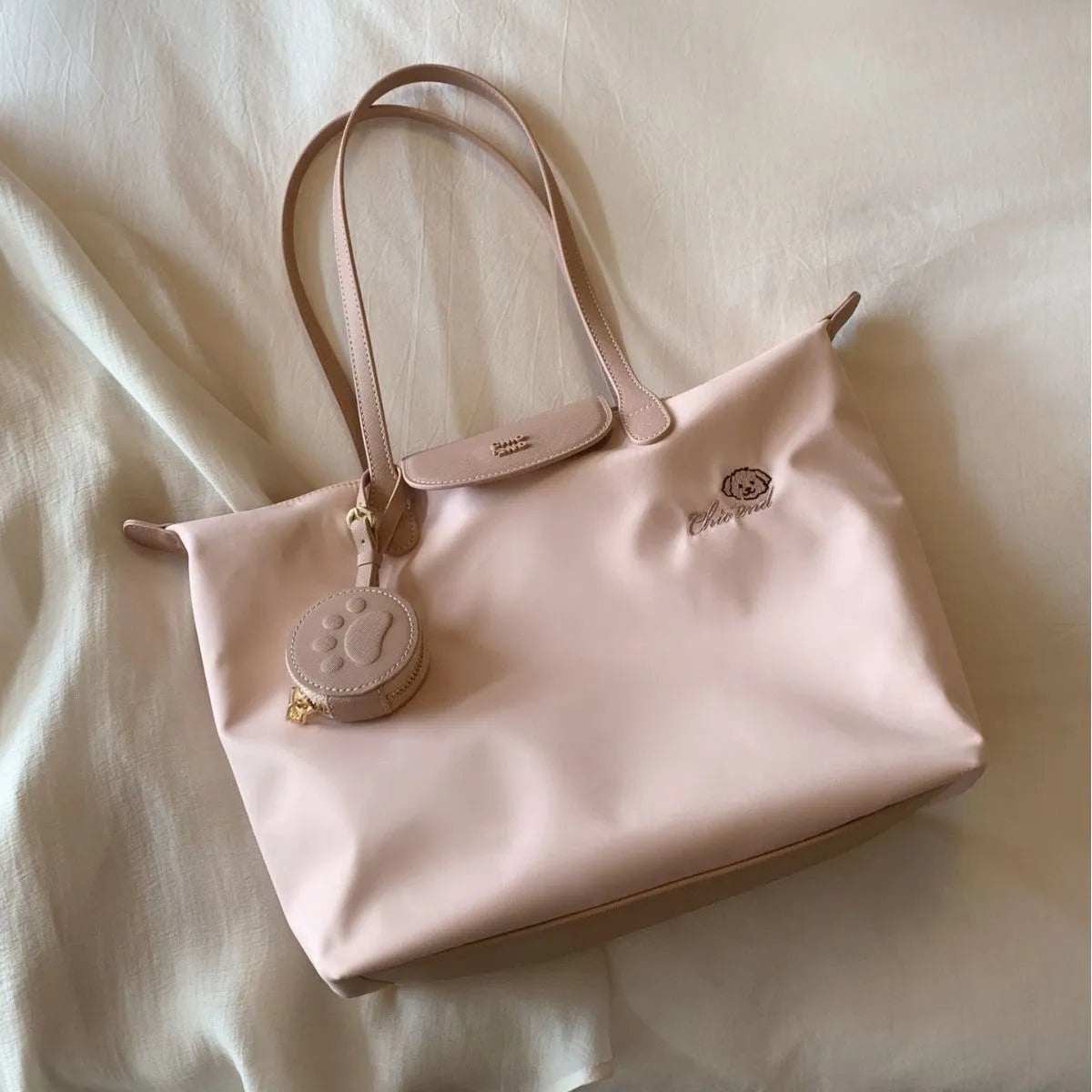 Oxford cloth tote shoulder bag in beige colour with sandwich pockets and mobile phone compartment