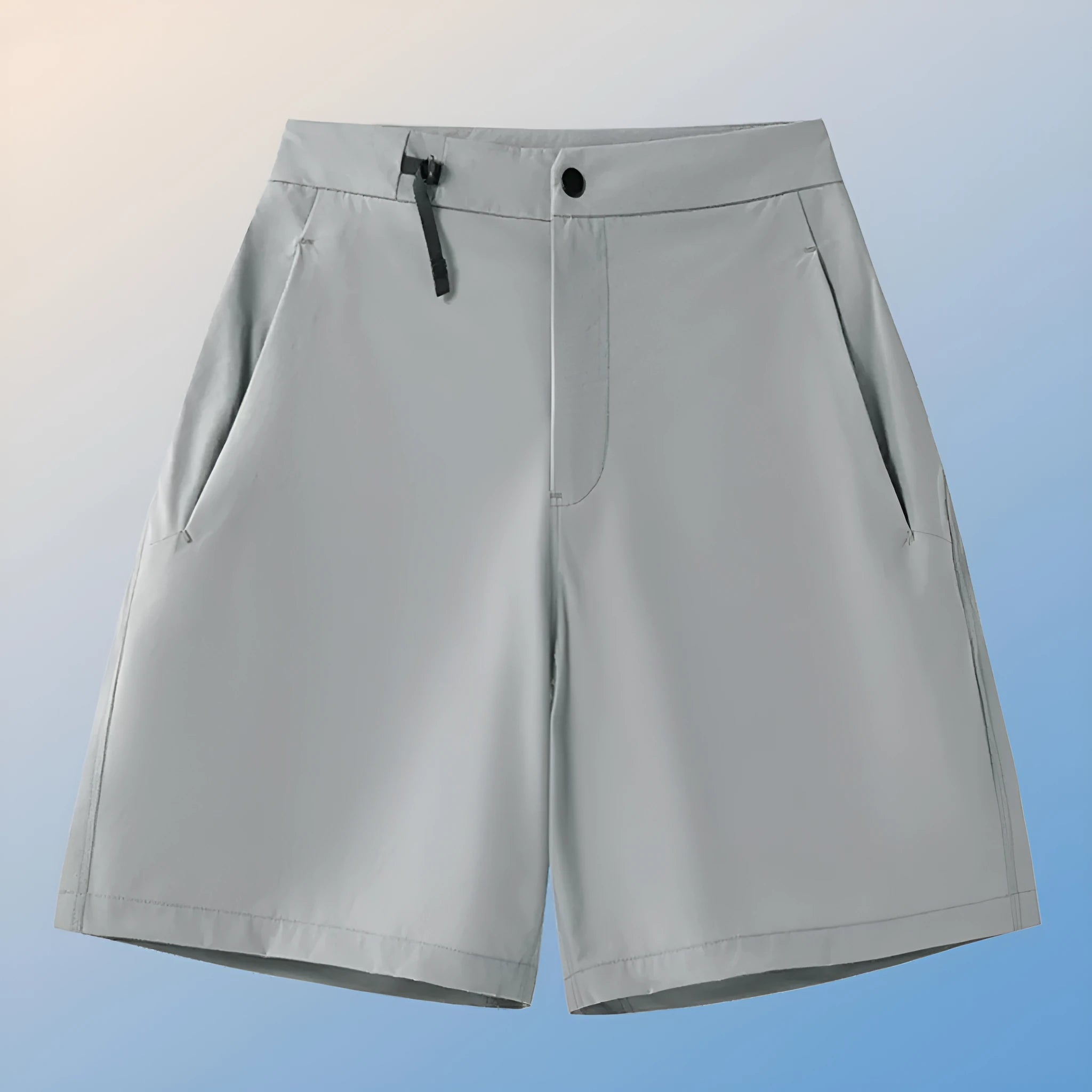 Men's khaki quick-dry sports shorts with 3D cut and four-way stretch fabric for athletic movement.