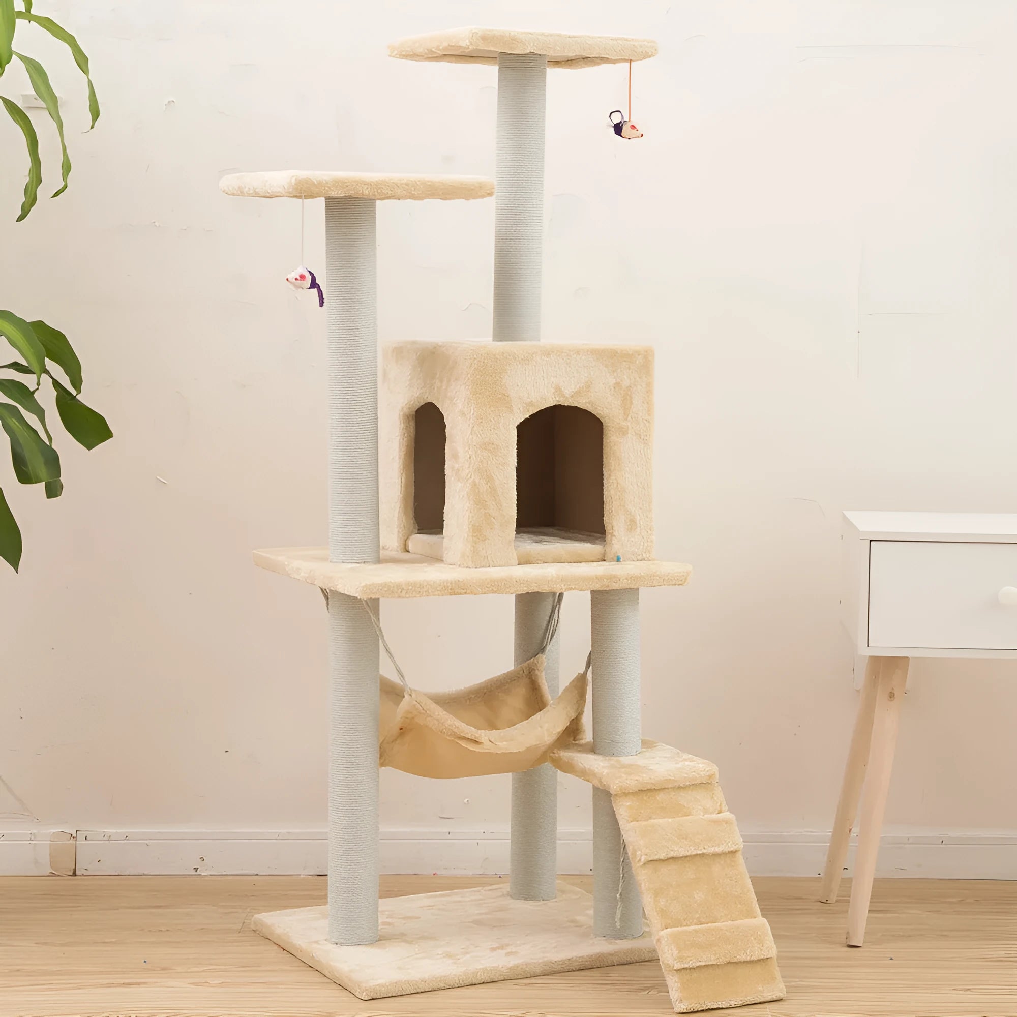 125cm cat climbing frame with soft wool cloth cover, beige colour, with nest and tray