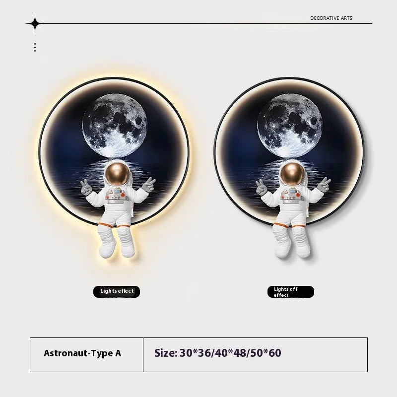 Spaceman-themed canvas wall painting for a child's bedroom, shown in three sizes with optional LED lighting.