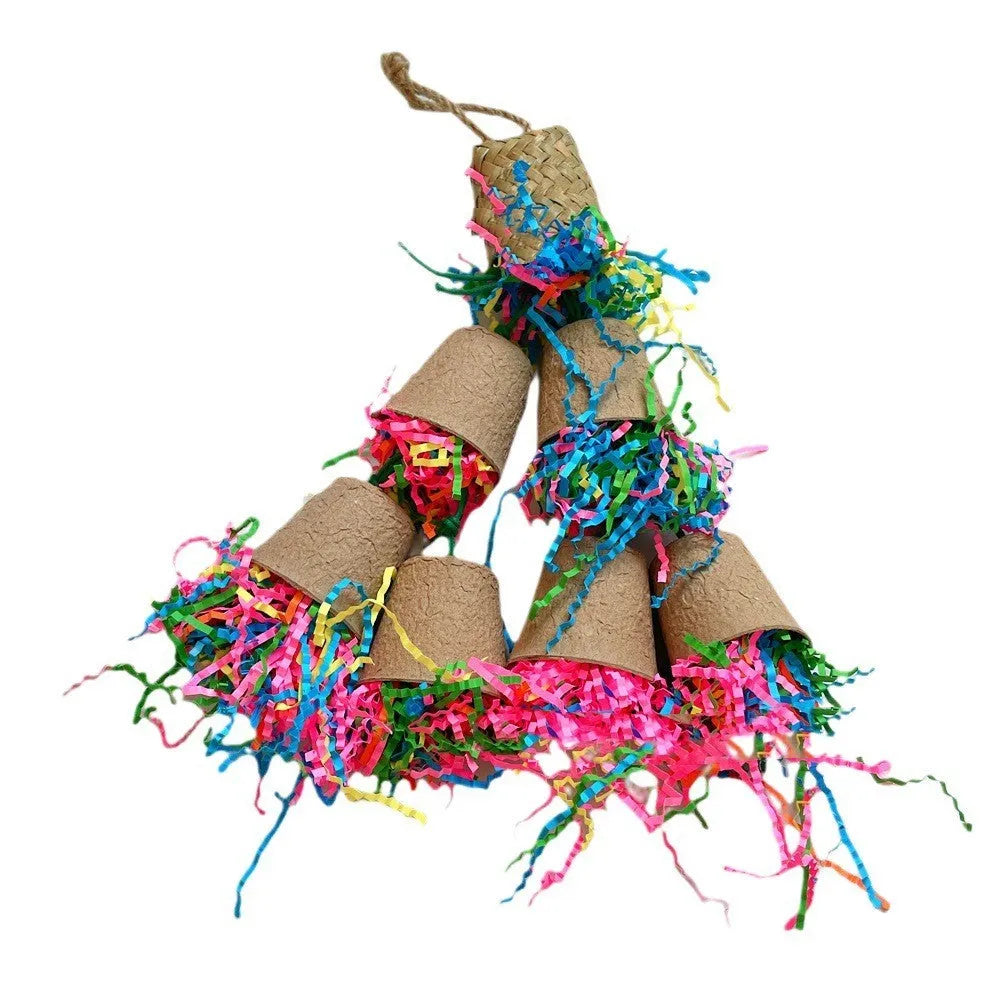 Parrot chewing toy made of woven palm with a paper cup, hanging at 38cm.