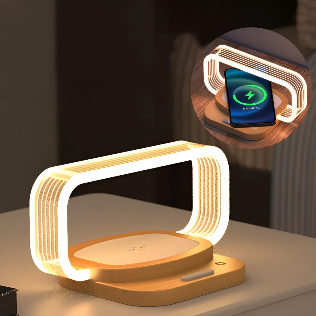Wooden style acrylic wireless charger small night lamp on desk with USB cable