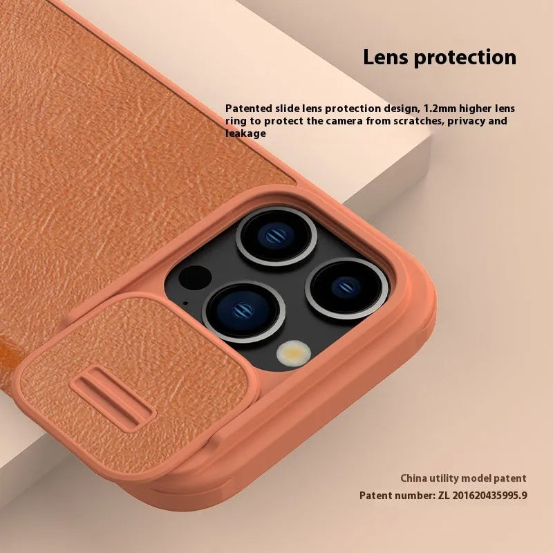 Black imitation leather flip phone case for iPhone, shown open and closed.