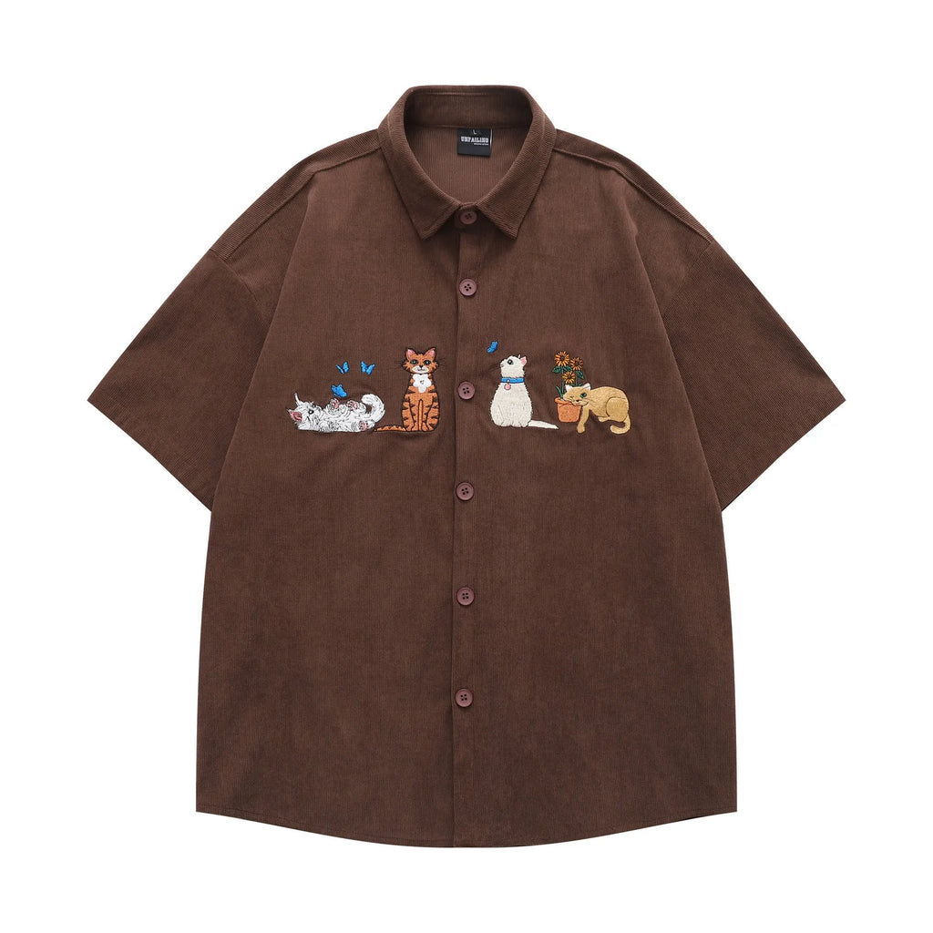 Loose cartoon embroidery shirt casual cardigan in apricot colour