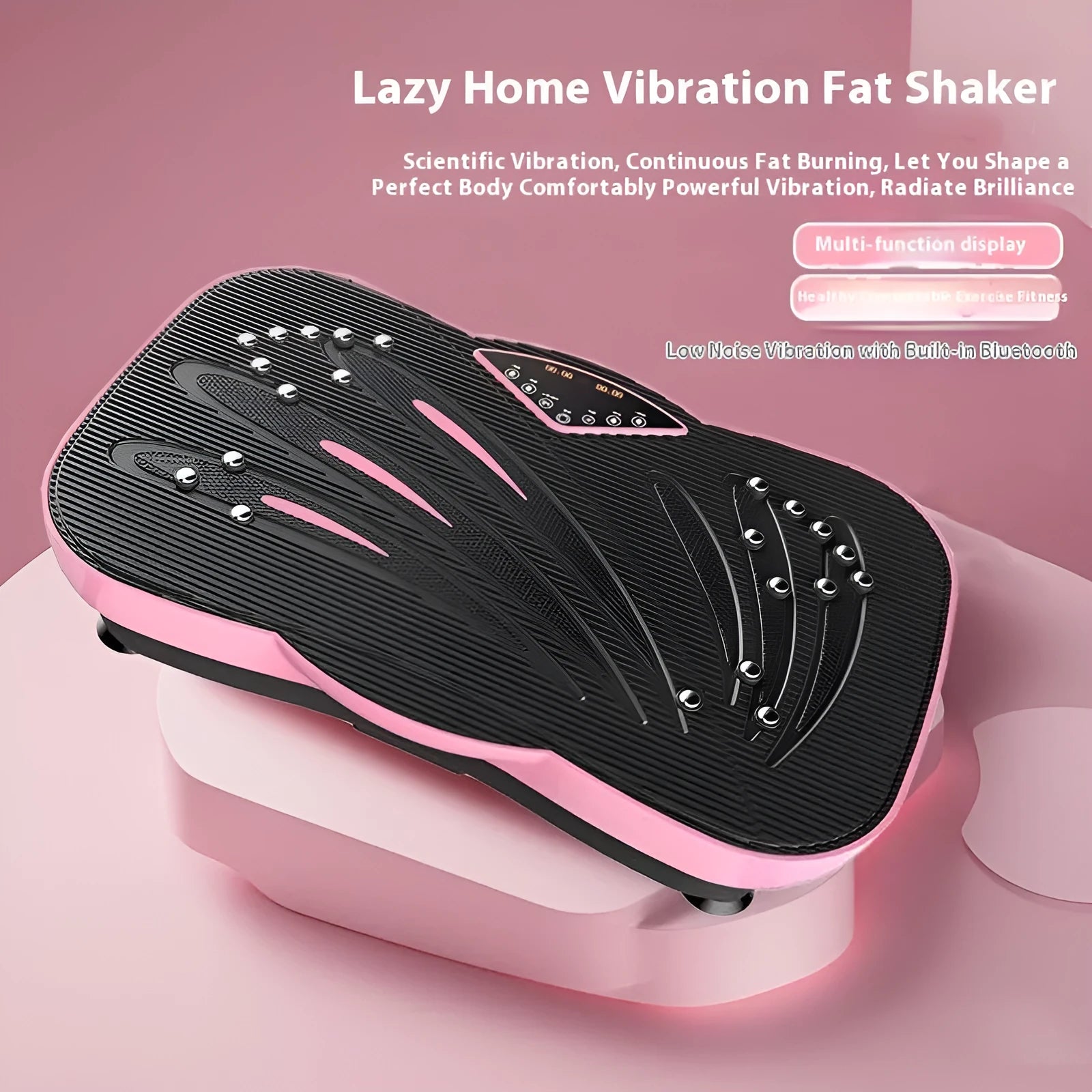 Black or pink intelligent remote control power plate for home fitness with Bluetooth and high frequency vibration.