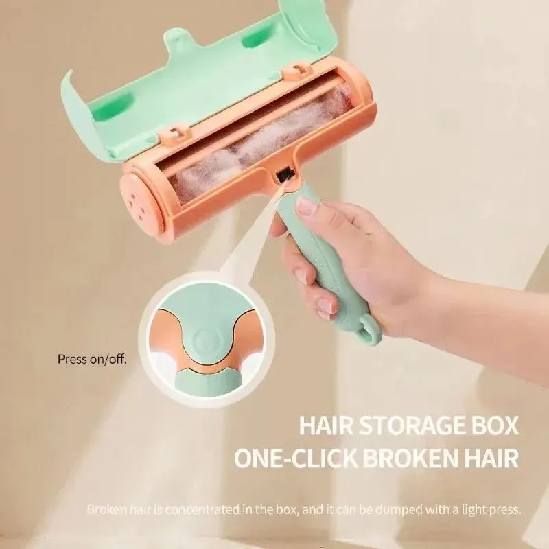 Two-way pet sticky hair roller brush with non-slip handle in gray or green for clothing and sofa cleaning