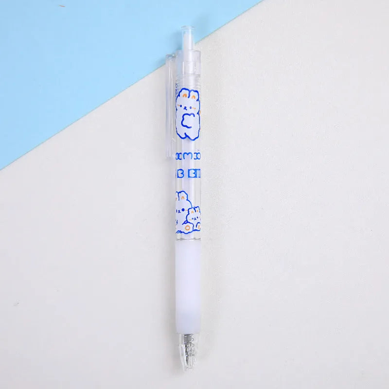 A pack of six colourful bear and rabbit character press pen knives on a white background.