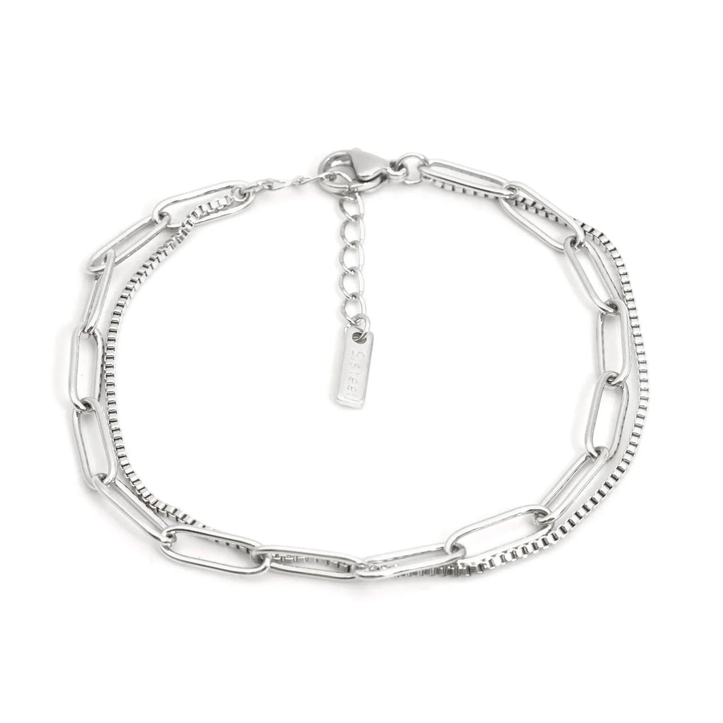 Double layer titanium steel bracelet with geometric lines in gold or silver colour