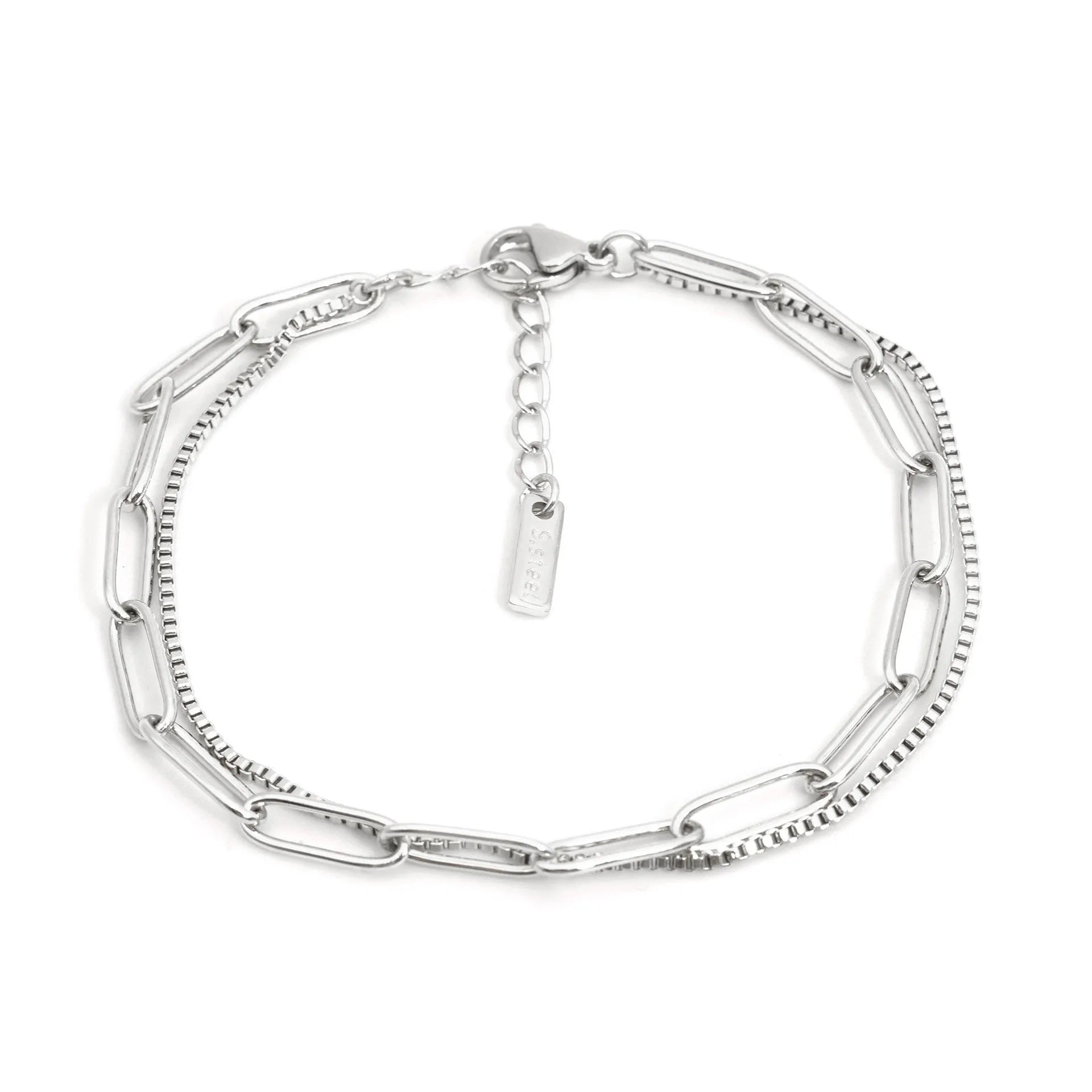 Double layer titanium steel bracelet with geometric lines in gold or silver colour